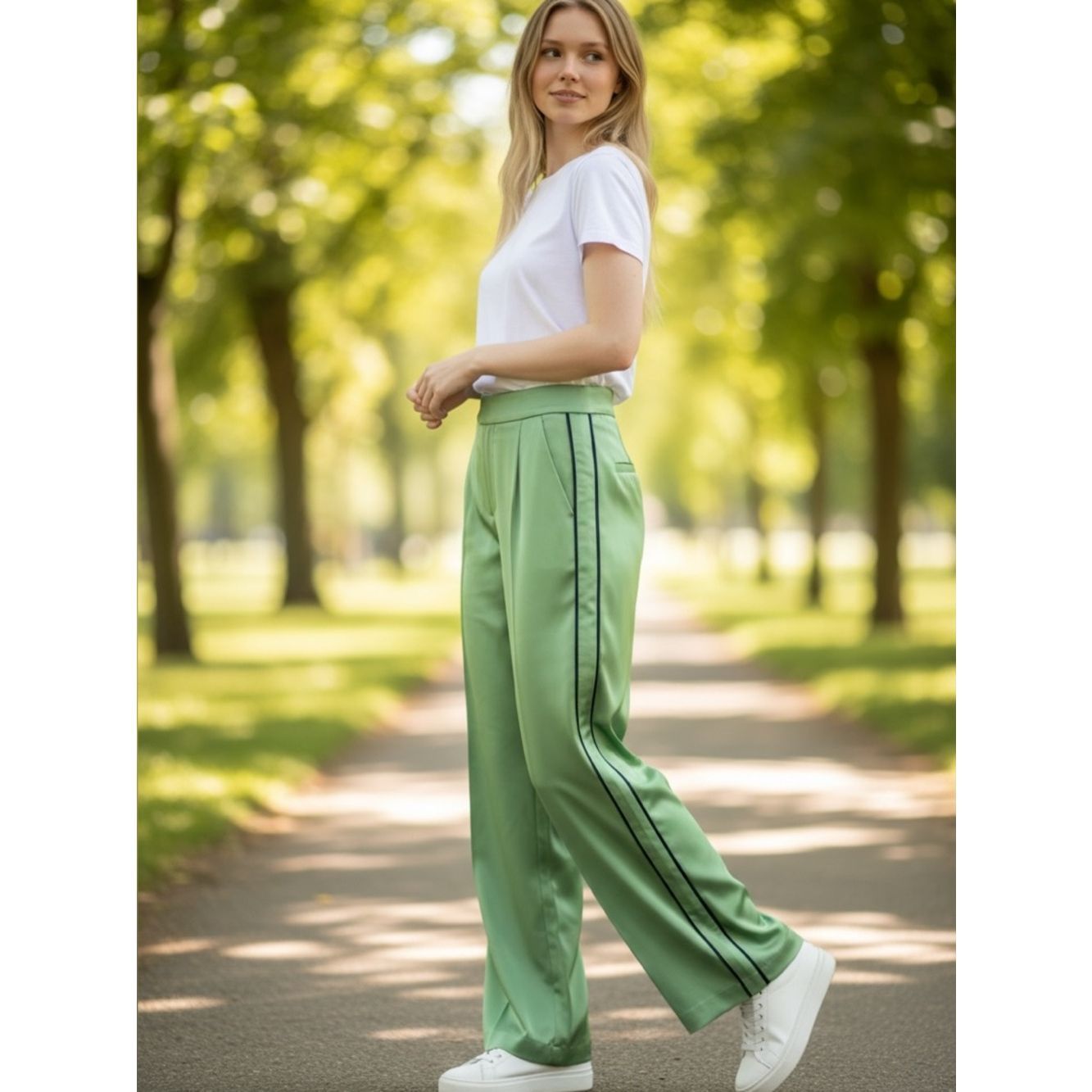 $465 Ramy Brooke Lara Wide Leg Satin Side Striped Pants In Green Nwt